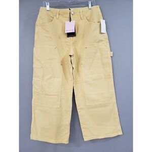 NEW Avec Les Filles Womens High-Waist Cropped Carpenter Jeans Yellow Loose Baggy